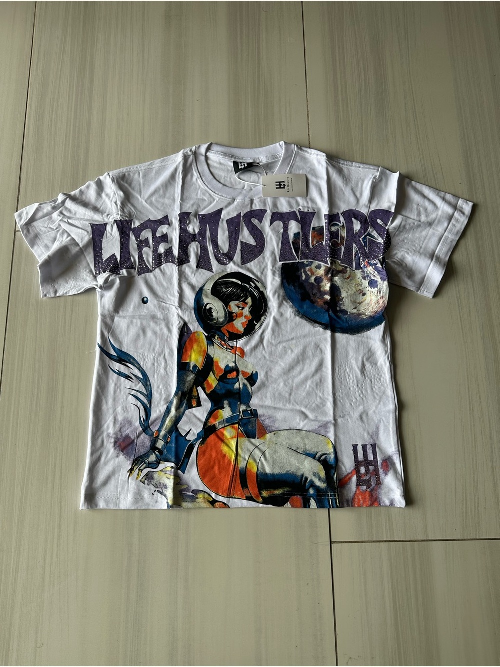 Hustler Hollywood White Kids Tee with Colorful Space Girl Graphic